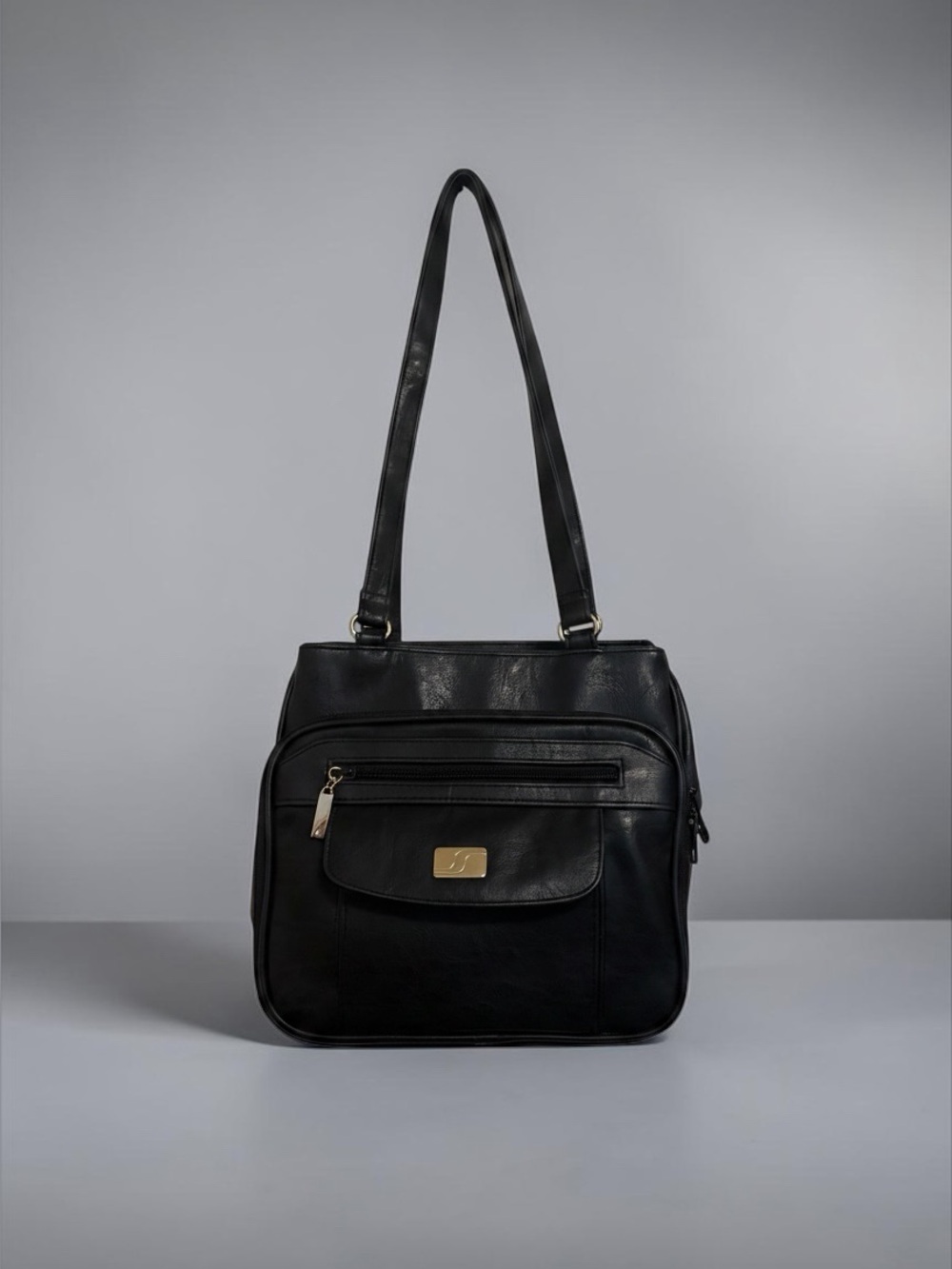 Everyday Black Shoulder Bag with Front Pocket